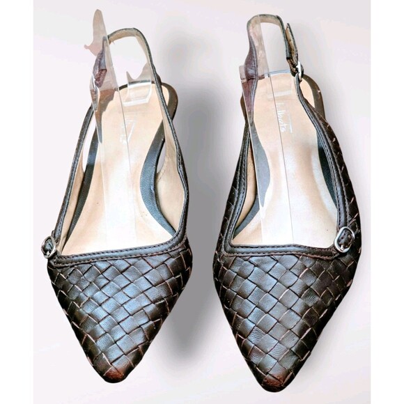 Talbots Sz 5 1/2B Brown Woven Leather Kitten Heel Pumps Pointed Toe Slingback - Picture 2 of 8